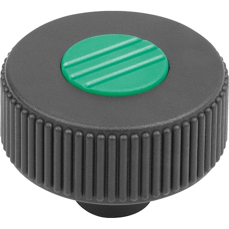 Kipp Knurled Knob Size:1, D1=40 D=M06, , Form:K, Plastic Black Ral7021, Comp:Stainless, Cap:Green Ral6032 K0261.21062
